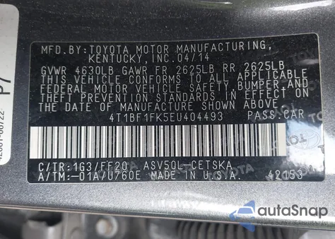 2014 Toyota Camry Se z USA, uszkodzony, nr VIN 4T1BF1FK5EU404493